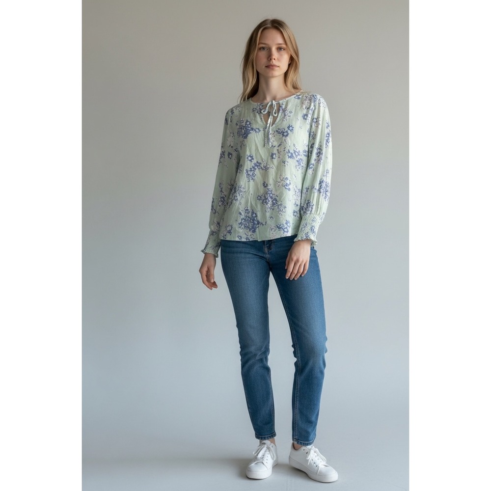Lucky Brand Sage Green Floral Tie Neck Smocked Cuff Viscose Blouse BohoSz L